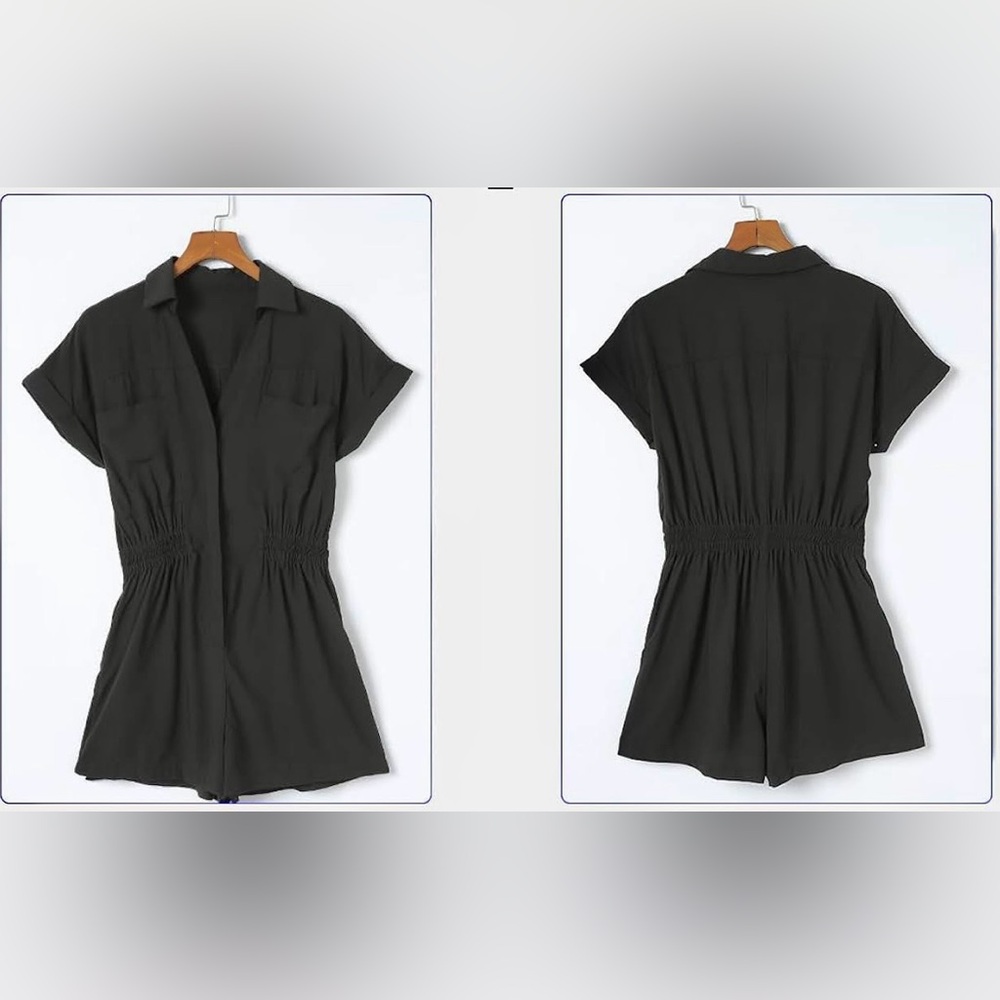 Black Short Sleeve Button Down Shorts Romper Collared Jumpsuit with Pockets